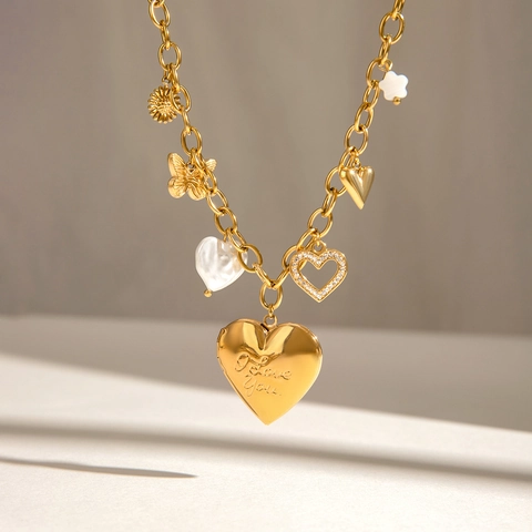 Collar Medallón Foto Corazón Acero Inoxidable Perla Artificial Concha Charms Mariposa Grabado I Love You Oro Mujer