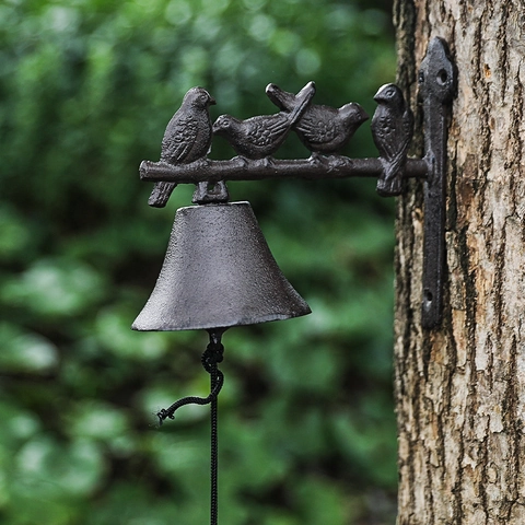 Retro Cast Iron Wall Mounted Doorbell Vintage European Style Birds On Branch Garden Bell With Pull Rope For Outdoor Decor