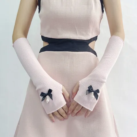 Knitted Arm Sleeves Fingerless Gloves With Bowknot Artificial Pearl Heart Sweet Lolita Style Japanese JK Accessory For Women