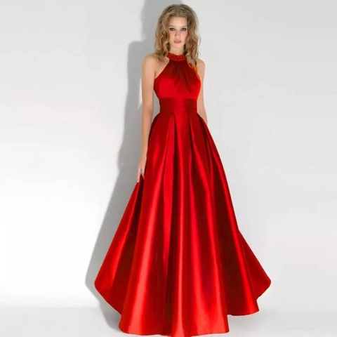 Women Halter Neck Beaded Satin Evening Dress A-Line Floor Length Backless Formal Party Gown