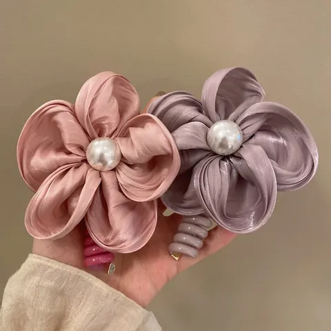 Elastico Capelli Cavo Telefonico Con Fiore Con Tessuto In Raso E Finta Perla Artificial Per Donne Supporto Coda Cavallo Fascia Spirale
