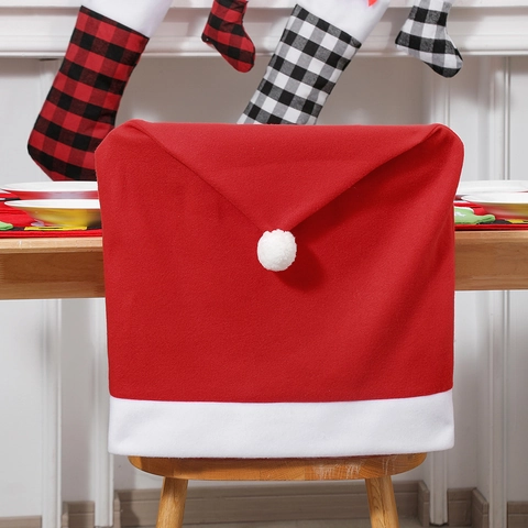 Christmas Chair Back Covers Red Santa Hat Style Plush Fabric Dining Room Kitchen Table Festive Decor