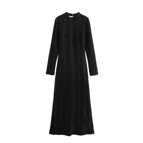 Elegant Black Long Sleeve Maxi Dress Sequin Shimmer Backless Mock Neck High Waist Slim Fit Evening Banquet Party For Women