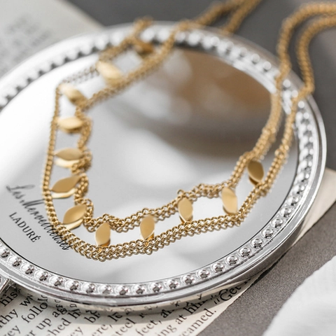 Collana in Acciaio al Titanio a Doppio Strato da Donna Placcata in Oro 18K Ciondolo Foglia di Salice Geometrico Minimalista Gioielli