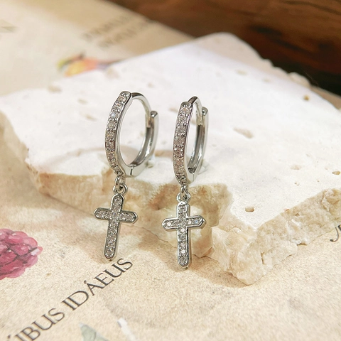 Micro Pave Zirkonia Kreuz Anhänger Hoop Ohrringe Damen Vintage Kupfer Schmuck