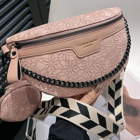 Borsa A Tracolla Da Petto Donna Goffratura Floreale Pizzo Con Portamonete Rotondo Tracolla Larga Catena Nera Pelle PU Moda