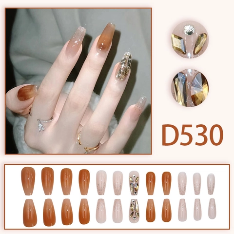 Long Coffin Press On Nails Amber Brown Gradient 3D Rhinestone Fine Glitter Luxury Elegant Fake Nails With Glue