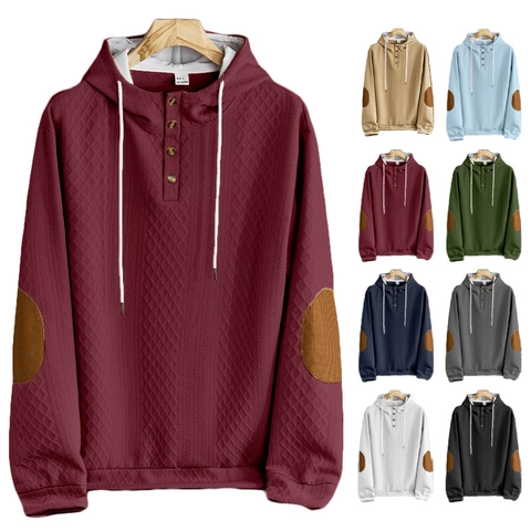 Herren Waffelstrick Kapuzenpullover Langarm Henley Knopfleiste Tunnelzug Lässiges Sweatshirt Mit Ellbogenflicken