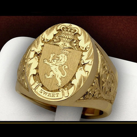 Bague Chevalière Lion Bouclier Couronne Pour Hommes Cuivre Plaqué Or Héraldique Royal Sweet Gravée