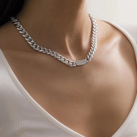 Chunky Cuban Link Chain Necklace Aluminum Alloy With Smooth Rectangular Plaque Minimalist Hip Hop Punk Streetwear Jewelry