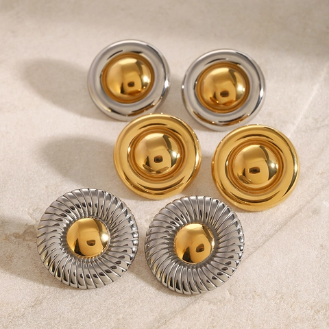 Vintage Two Tone Round Disk Stud Earrings Stainless Steel Gold Silver Textured Geometric Jewelry For Women Waterproof