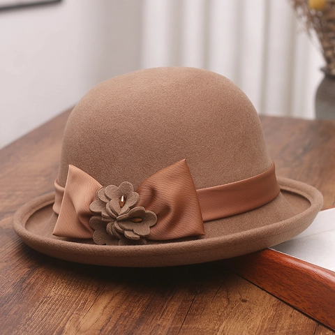 Eleganter Damen Wollfilz Glockenhut Vintage Rundkopf Mit Schleife Und Blumendeko Herbst Winter Warm
