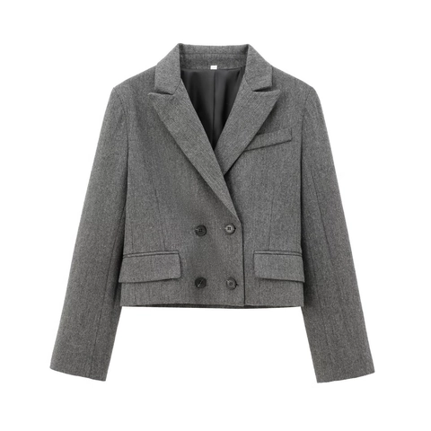 Dames Visgraat Wollen Textuur Double Breasted Korte Blazer En Geplooide Rok Met Hoge Taille Chic Kantoor Streetwear Grijs