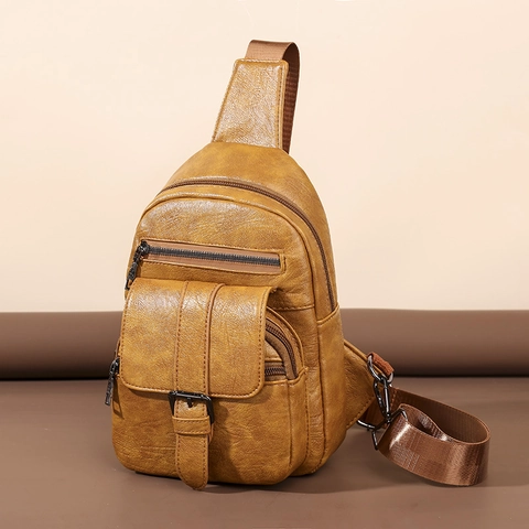 Vintage PU Leather Chest Bag For Women Men Casual Multi Pocket Crossbody Sling Pack With Earphone Hole Solid Color Bag