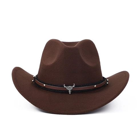 Western Cowboy Hat Polyester Felt Wide Brim Faux Leather Band Metal Bull Skull Ornament Vintage Ethnic Unisex
