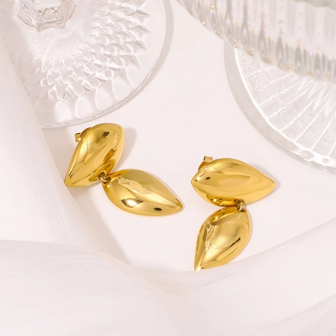 Double Layer Leaf Teardrop Earrings 18K Gold Plated Stainless Steel Polished Geometric Minimalist For Women