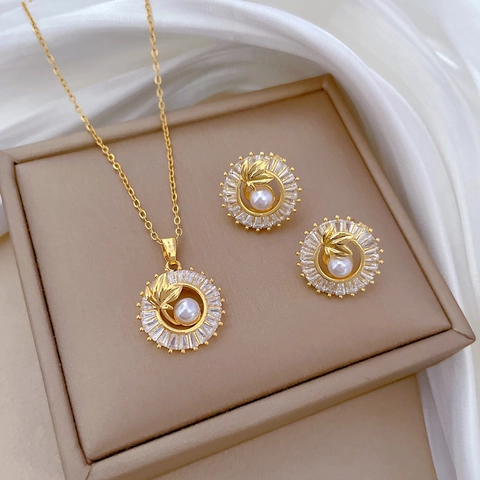 Sonnenblume Künstliche Perlen Halskette Und Ohrringe Mit Silbernem Ohrstecker Titanstahl Kupfer Zirkon Blatt Elegant Für Frauen