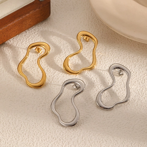 Minimalist Stainless Steel Irregular Line Stud Earrings Geometric Fluid Wave Hollow Out Jewelry For Women Girls