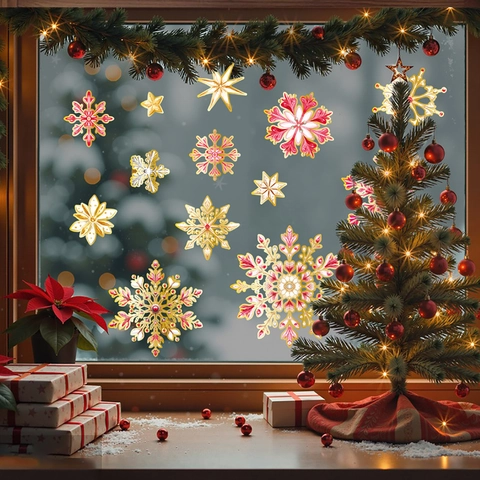 Christmas Snowflake Window Stickers Static Cling PVC Reusable Double Sided Cold Stamping Holiday Showcase Glass Decals