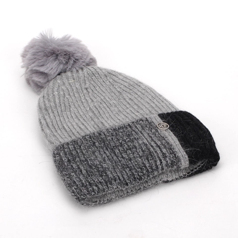 Berretto In Maglia Inverno Donna Acrilico Blocchi Di Colore Caldo Ispessito Pompon Pelliccia Sintetica Targhetta Metallo
