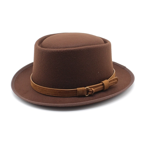 Chapeau Pork Pie En Feutre De Laine Vintage Avec Bande En Cuir Boucle Métallique Style Britannique Rétro Pour Femmes Hommes