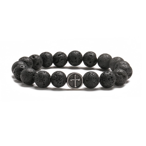 Beaded Bracelet Natural Lava Stone Tiger Eye With Stainless Steel Cross Charm Elastic Minimalist Jewelry For Men Women