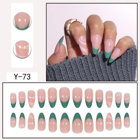 Unghie Finte French Tip Forma A Mandorla Verde Scuro Rosa Nude Motivo A Onde Lucide Unghie Artificiali Per Donne