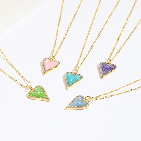 Heart Pendant Necklace Gold Plated Copper With Colorful Enamel And Cubic Zirconia Minimalist Clavicle Chain For Women