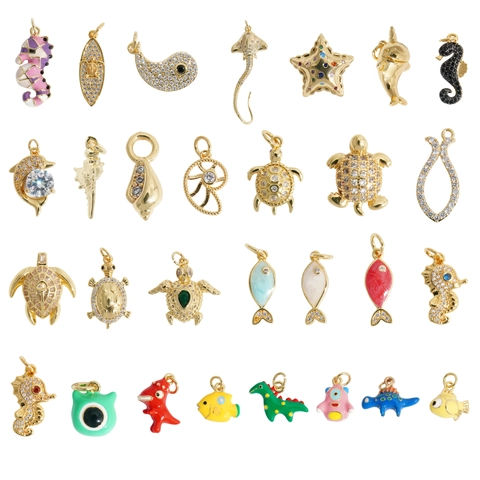 Animal Pendants Copper Charms Ocean Sea Turtle Horse Dolphin Dinosaur Monster Zircon Enamel DIY Jewelry Accessories