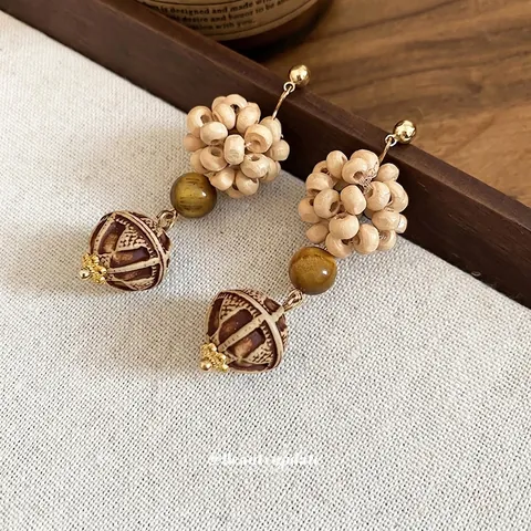Vintage Ethnic Μακριά Κρεμαστά Σκουλαρίκια Με Ξύλινες Χάντρες Μάτι Της Τίγρης Και Καρφί Από Ασήμι 925