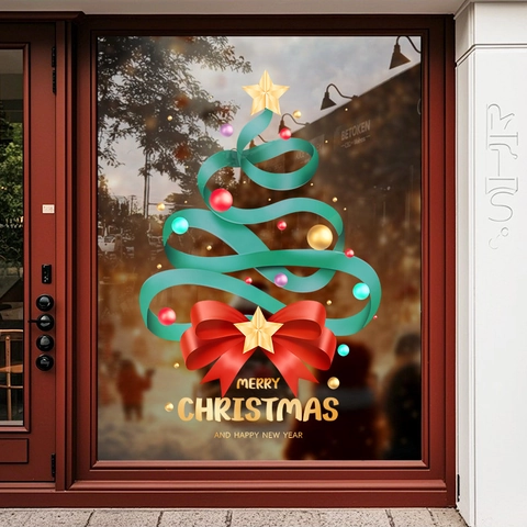 Pegatinas Ventana Árbol Navidad PVC Estáticas Color Doble Cara Diseño Lazo Cinta Decoración Vidrio Puerta Escaparate Festiva