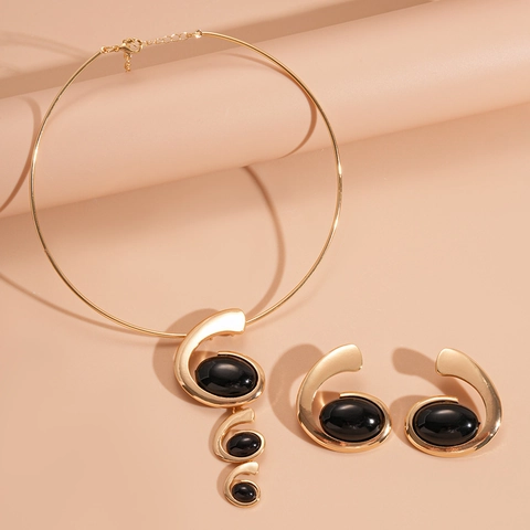 Halskette Und Ohrringe Aus Legierung Mit Ovalem Harzstein Geometrischer Schmuck Für Damen Elegante Silberstecker