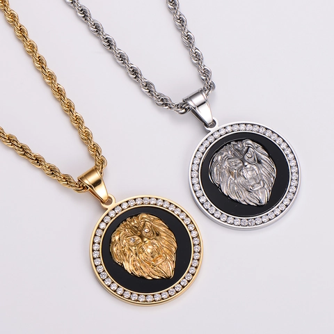 Collana Con Pendente Testa Di Leone Hip Hop Acciaio Inossidabile 316L Placcato Oro 18K Zircone Gioielli Da Uomo