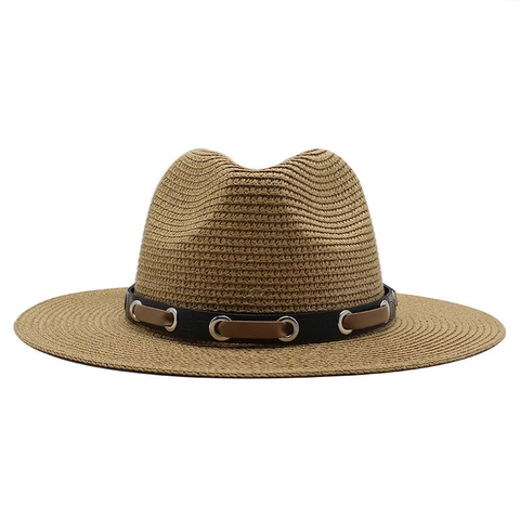 Vintage British Style Unisex Straw Fedora Hat Panama Sun Protection Beach Vacation Wide Brim With Decorative Band Metal