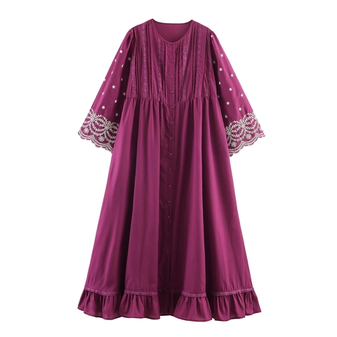 Vestito Lungo Donna Boho A Maniche Lunghe Viola Ricamato Orlo A Volant Girocollo Con Bottoni Vacanze Retro