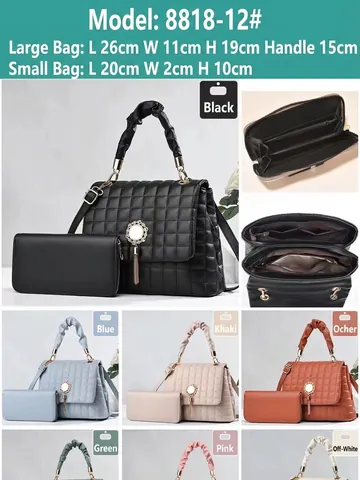 Women PU Leather Quilted Handbag And Wallet Ruched Handle Metal Tassel Elegant Shoulder Bag