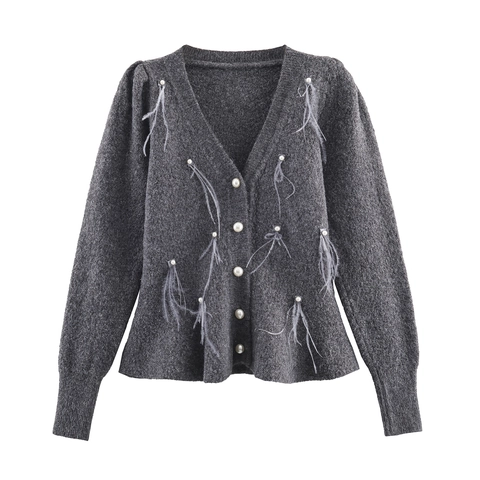 Cardigan En Tricot À Gland En Plumes Femmes Col En V Pull À Manches Longues Avec Boutons En Künstliche Perles Élégant Doux Haut En Polyester