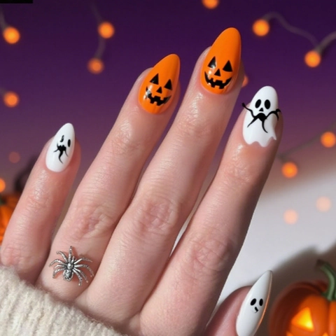 Halloween Mandel Drucknägel Orange Kürbis Weißer Geist Glänzende Künstliche Nägel Festliche Maniküre