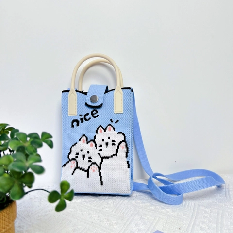 Knitted Mobile Phone Bag Mini Crossbody Handbag Handle Shoulder Strap Cartoon Animal Pattern Embroidery Casual Purse