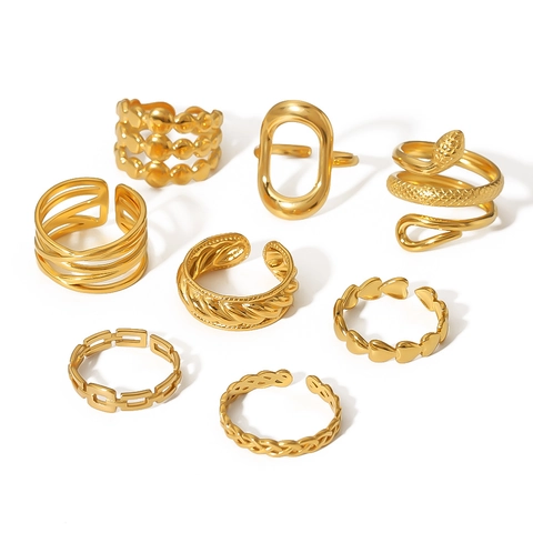Modern Stainless Steel Adjustable Open Ring 18K Gold Plated Snake Heart Chain Geometric Hollow Fashion Jewelry For Women