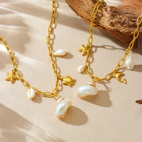 Oceaan Thema Hanger Ketting Roestvrij Staal Verguld Natuurlijke Schelp Zeester Dolfijn Schildpad Zomer Strand Sieraden Voor Dames