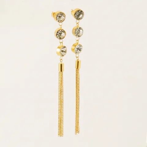 18K Gold Plated Stainless Steel Tassel Drop Earrings With Round Zircon Inlays Elegant Long Chain Jewelry For Women