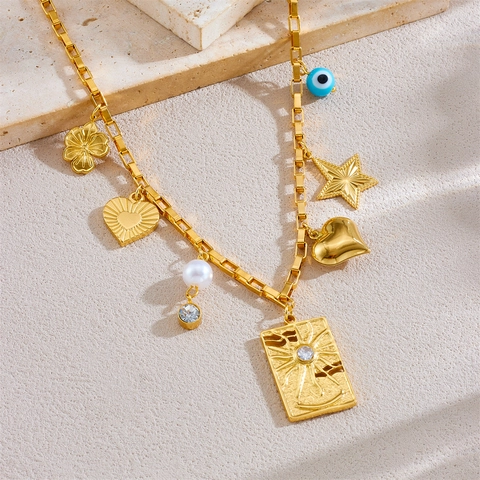 Collar De Múltiples Pendientes De Acero Inoxidable Bañado En Oro Sol Corazón Estrella Ojo Turco Perla Artificial Estilo Boho Para Mujer