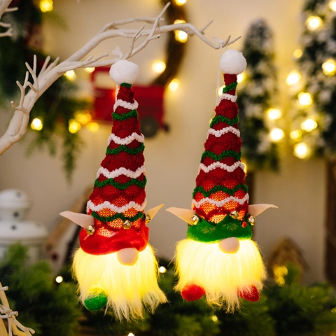 Gnomo De Navidad De Peluche Adornos Colgantes LED Luminosos Muñeca Sin Rostro Gorro De Punto Campanas Decoración
