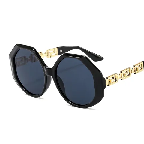 Lunettes De Soleil Polygonales Surdimensionnées Rétro Luxe Motif Grec Branches En Métal Verres PC Protection UV