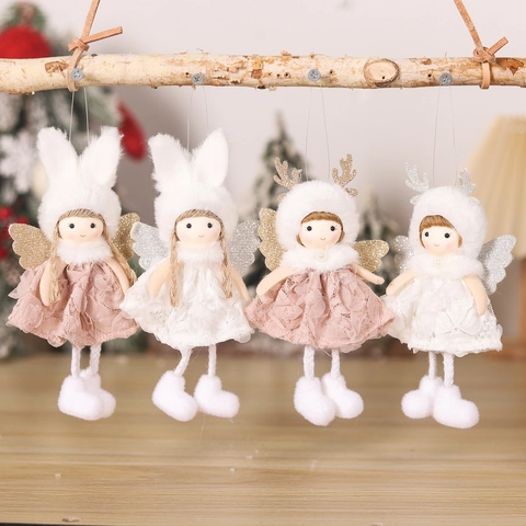 Christmas Angel Doll Hanging Ornament Plush Lace Sequin Wings Antler Rabbit Ear Design Festive Home Tree Decoration
