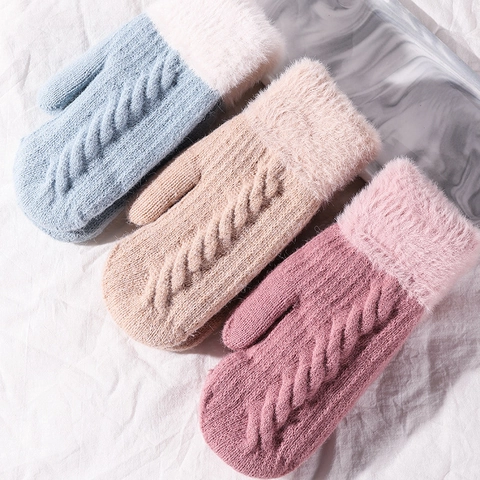 Women Winter Warm Mittens Cable Knit Fleece Lined Thickened Faux Fur Cuff Soft Thermal Handwear