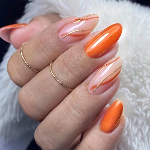 Appuyez Sur Les Ongles Orange Rouge Cristal Gelée Forme Amande Ondulée Ligne Or Français Brillant Faux Ongles Artificiels