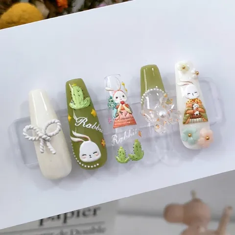 Autocollants À Ongles En Relief 3D Lapin Mignon Cactus Décalcomanies Auto-Adhésives Pour Décoration De Manucure DIY