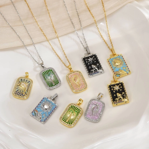 Vintage Copper Enamel Tarot Card Pendant Necklace For Women Retro Seahorse Palm Tree Sun Star Rhinestone Clavicle Chain Jewelry
